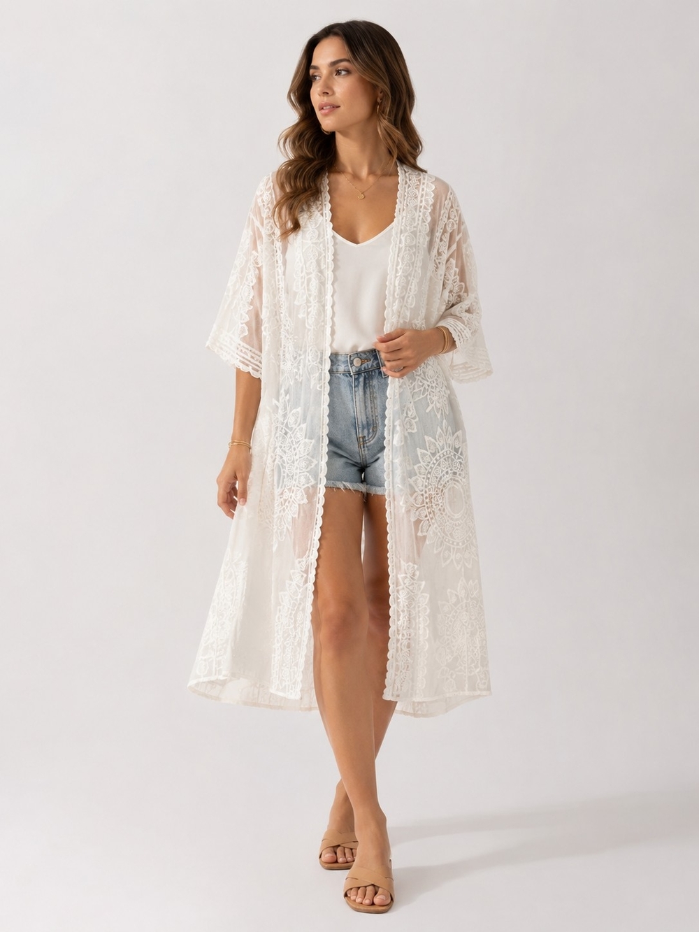 Rachel Zoe White Lace Long Kimono Duster